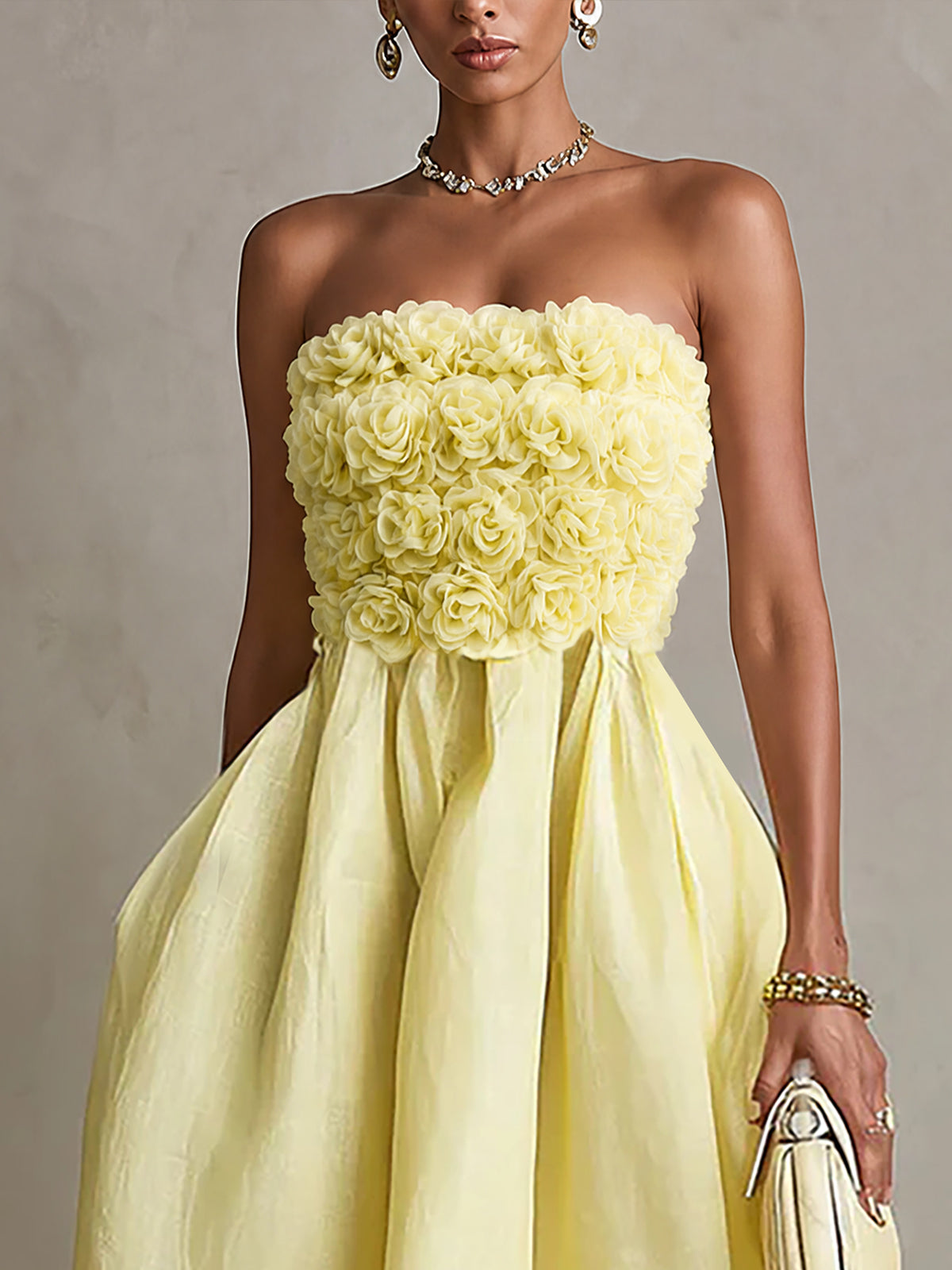 24-Hour-Shipping Yellow Strapless Floral Applique Midi Dress