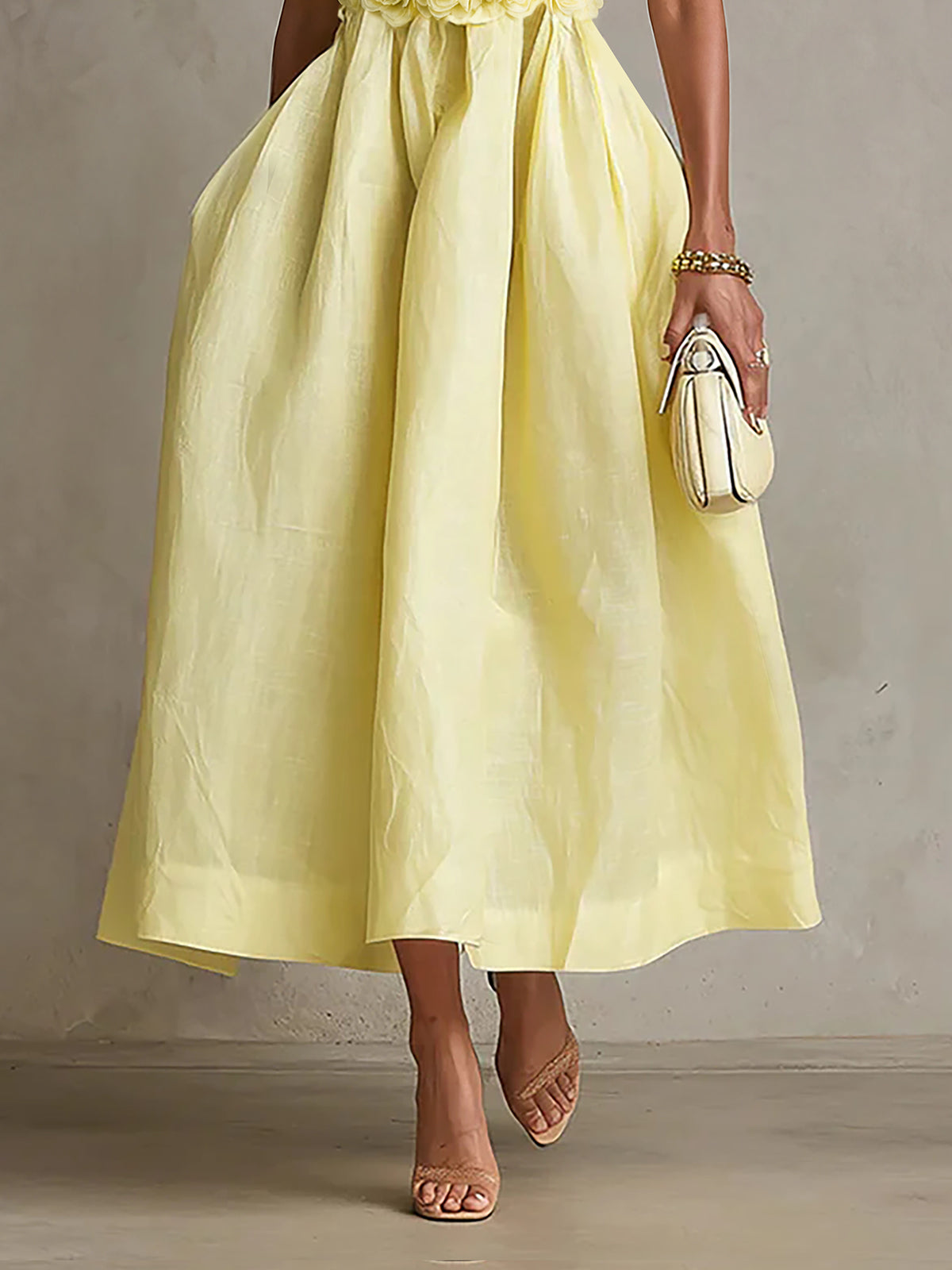 24-Hour-Shipping Yellow Strapless Floral Applique Midi Dress