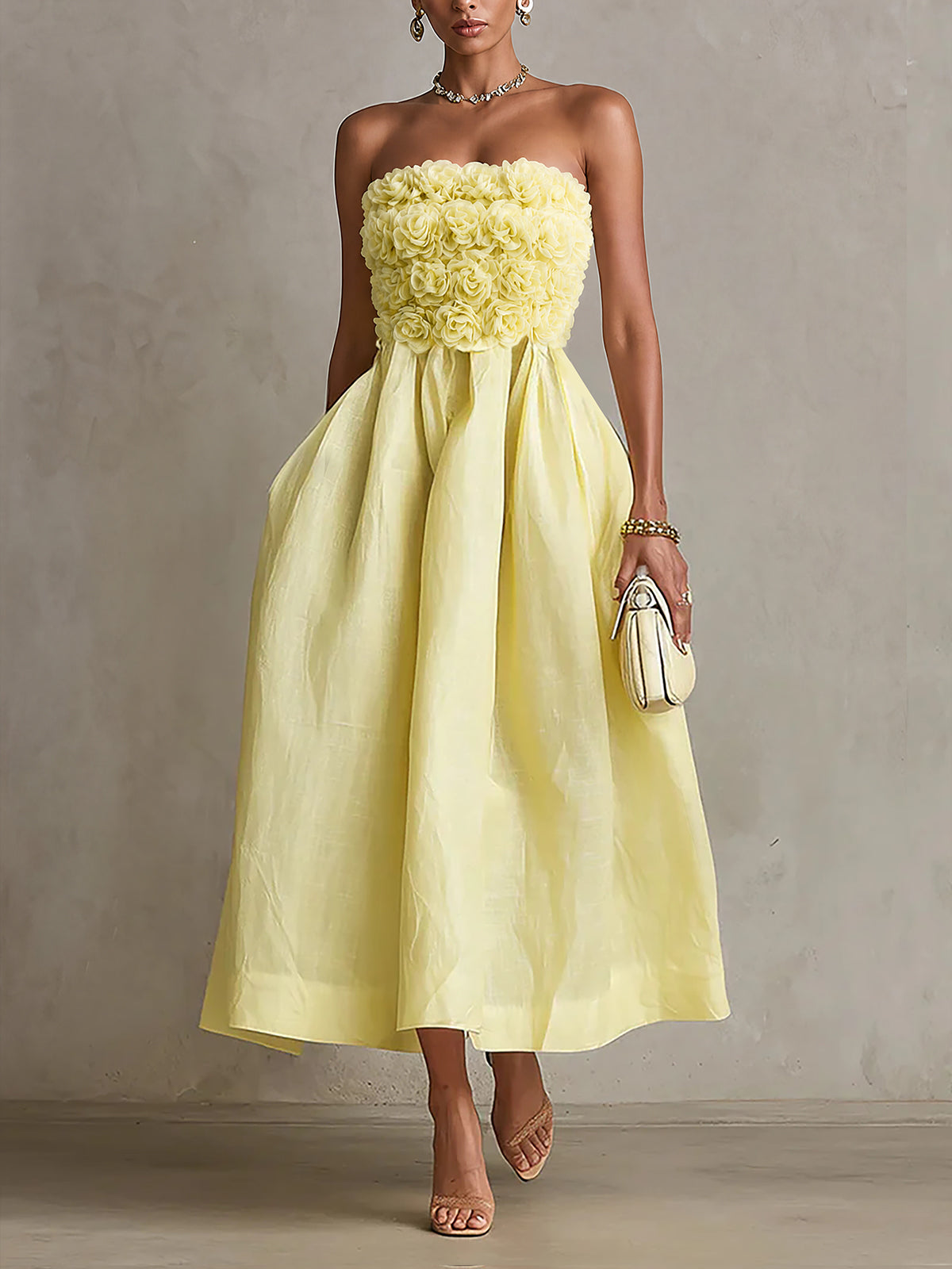 24-Hour-Shipping Yellow Strapless Floral Applique Midi Dress