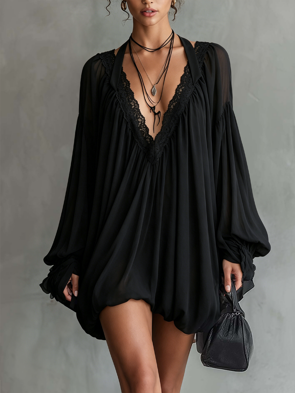 24-Hour-Shipping Black Chiffon Halter Mini Dress With Lace Neckline
