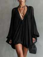 24-Hour-Shipping Black Chiffon Halter Mini Dress With Lace Neckline