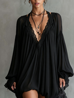 24-Hour-Shipping Black Chiffon Halter Mini Dress With Lace Neckline