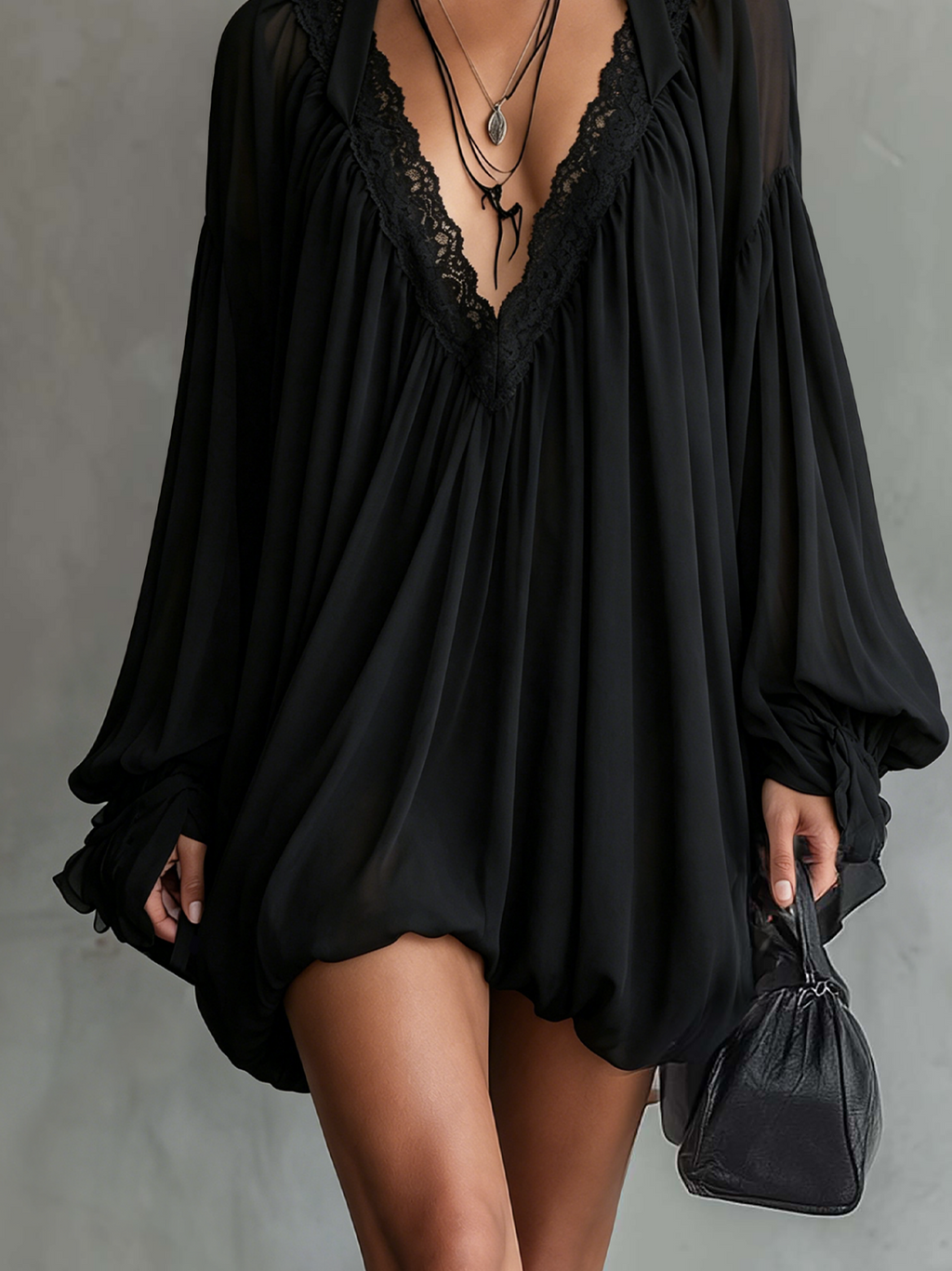 24-Hour-Shipping Black Chiffon Halter Mini Dress With Lace Neckline