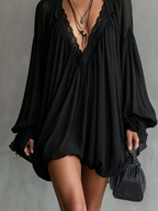 24-Hour-Shipping Black Chiffon Halter Mini Dress With Lace Neckline