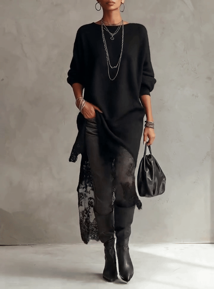 24-Hour-Shipping Black Loose Fit Mohair Knit Midi Dress With Lace Hem